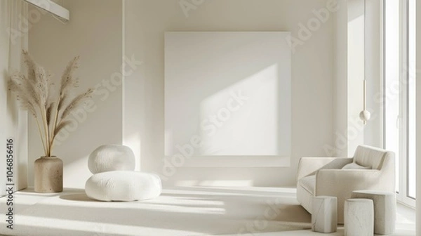 Fototapeta A chic and serene living room design showcasing a white canvas backdrop, Carefully selected minimal furniture, Minimalist zen style