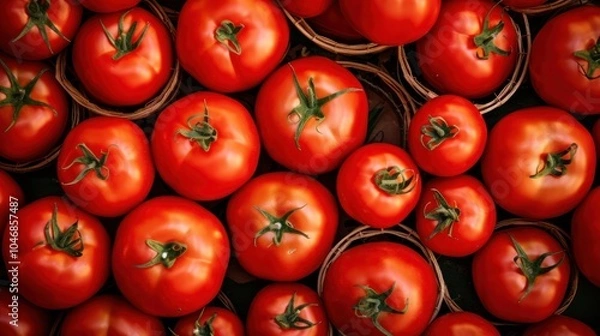 Fototapeta A vibrant display of market-ready red tomatoes arranged in rustic wicker baskets, showcasing their fresh,