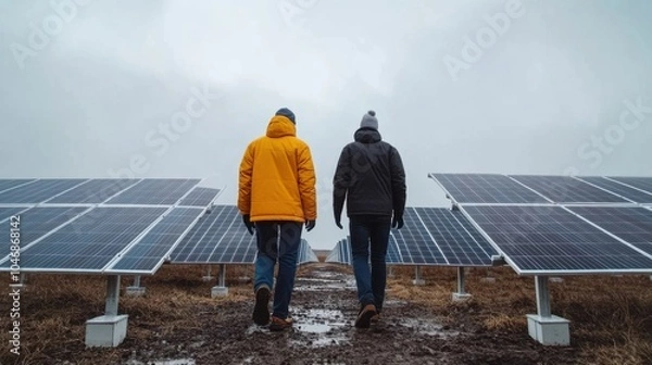 Fototapeta Two warmly dressed figures stride between solar panels, reflecting sustainable progress and environmental awareness.
