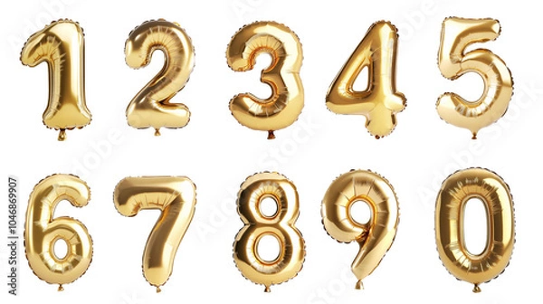 Obraz Golden number balloons from 0 to 9, perfect for celebrations, parties, and festive decorations. Shiny metallic finish for vibrant display.