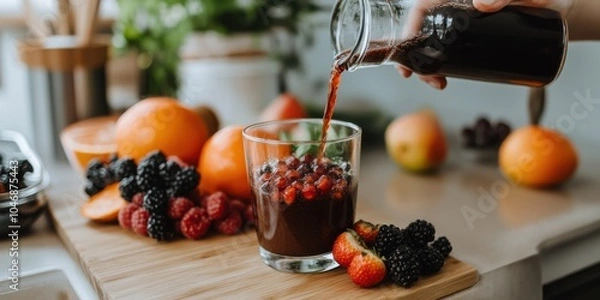Fototapeta Fresh green smoothie cascades into a glass amidst vibrant fruits and berries, portraying health, vitality, and the essence of fresh goodness.