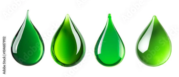 Obraz Set of four glossy green drops of liquid isolated on a white background, representing nature, freshness, and vitality.
