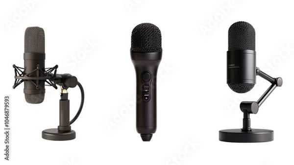 Obraz Image of three types of microphones, including a condenser, dynamic, and podcasting microphone, isolated on a white background.