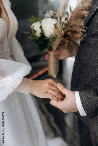 Fototapeta Close-up photo of the men`s holding woman hand with golden wedding ring with diamond. Wedding ring before the proposal. Luxury wedding rings