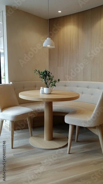 Fototapeta Minimalist round table with comfortable seating in cozy interior. soft tones and natural materials create serene atmosphere, perfect for relaxation or casual dining