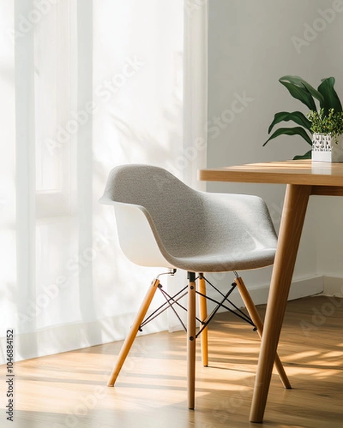 Fototapeta minimalist Scandinavian style chair beside wooden table, illuminated by natural light. serene atmosphere is enhanced by green plant and soft curtains