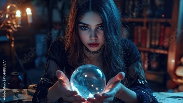 Obraz A Young Woman Gazing into a Crystal Ball, Illuminated by Candlelight