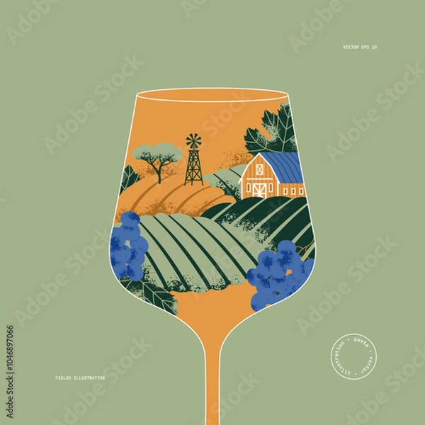 Fototapeta A glass of wine with the vineyard inside. Retro style illustration. Vector illustration