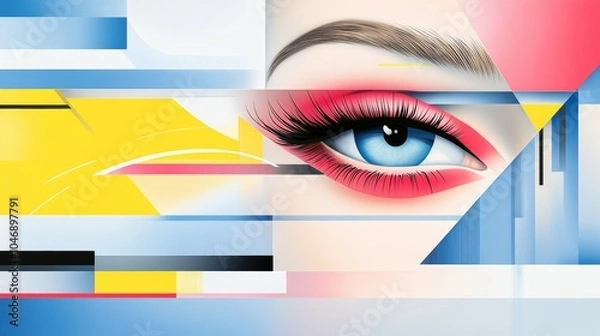 Fototapeta Pop art-inspired abstract illustration for a luxury cosmetics store, featuring bold graphic elements, oversized images of lips, eyes, and beauty products, vibrant colors like neon pink, yellow playful
