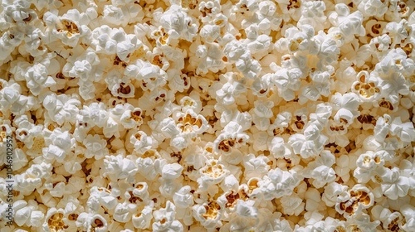 Obraz Top view of freshly popped popcorn pile, tightly cropped to fill entire frame, featuring fluffy textures and details with white and light golden hues, some kernels with toasted contrast appearance 