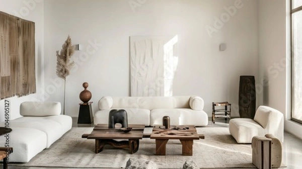 Fototapeta A contemporary minimalist living room design with a pristine white canvas backdrop, Showcasing minimalist furniture arrangements for a clean aesthetic, Infusing futuristic style with minimalist charm