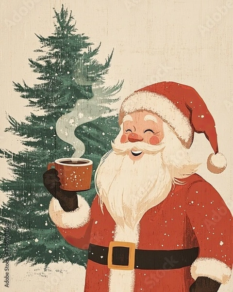 Obraz Santa Claus holding a hot cup of coco standing in front of a Christmas tree.
