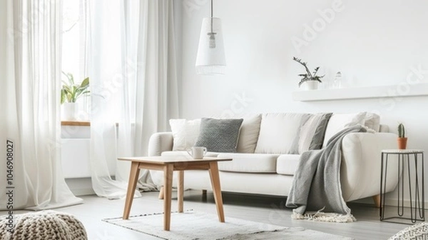 Fototapeta A contemporary minimalist living space adorned with a pristine white canvas setting, Featuring carefully curated furnishings for a clean and modern aesthetic