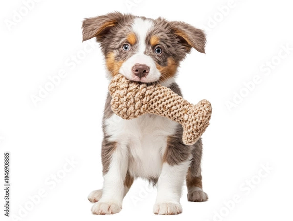 Fototapeta A playful puppy holds a soft toy bone in its mouth, showcasing its charming expression and furry coat against a black background.