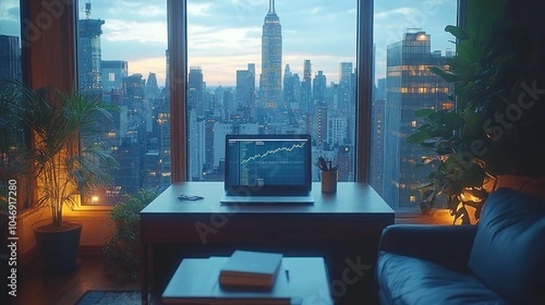 Fototapeta A laptop sits on a desk in front of a large window overlooking a city skyline at sunset.