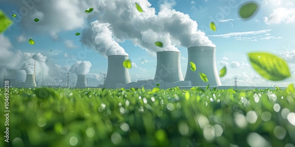 Fototapeta A nuclear power plant with green leaves flying around it, creating an eco-friendly and sustainable energy concept against a blue sky with white clouds.