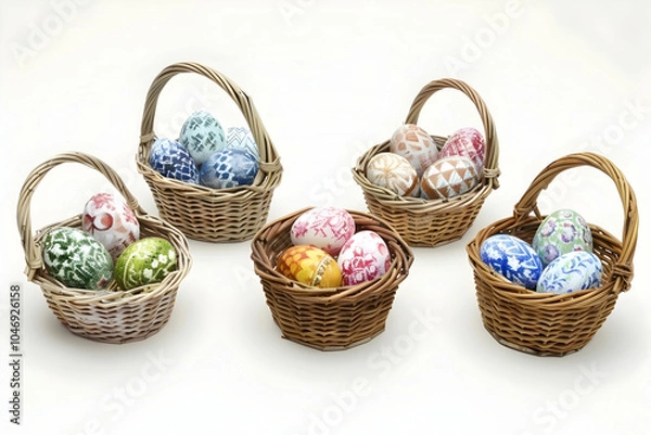 Fototapeta Five wicker baskets, each containing Easter eggs with intricate patterns, arranged on a white background.
