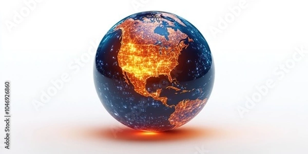 Fototapeta Futuristic realistic technology globe in floating hologram globalization concept. 3D illustration of glowing globe of the Earth planet with North America map view.