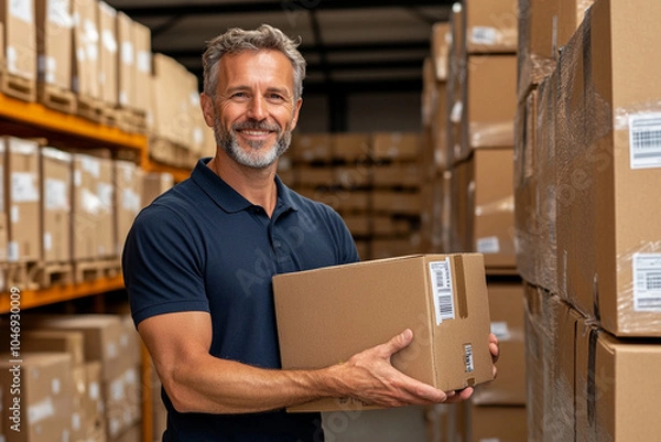 Obraz 
A middle-aged man is preparing to ship goods, smiling and holding cardboard boxes in the warehouse of his small business company for selling products online on an e-commerce platform. 