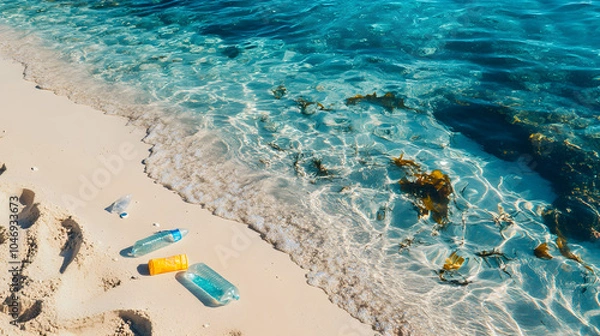 Fototapeta Plastic waste on a beautiful beach shoreline at noon, highlighting environmental concerns and ocean pollution