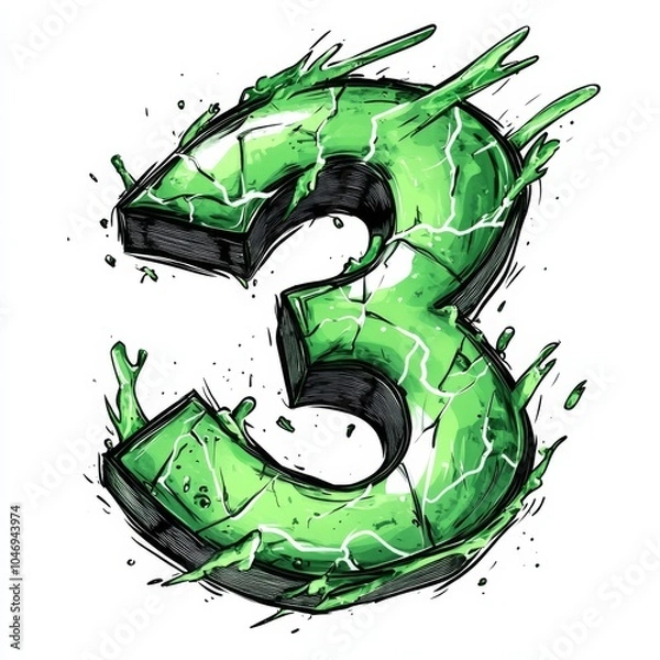 Fototapeta electric green number 3 in lightning strike anime-style cartoon
