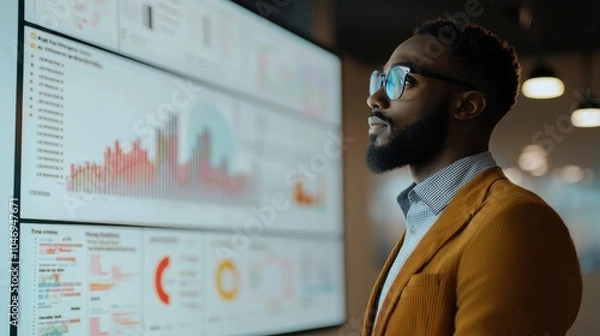 Fototapeta A business professional standing confidently in front of a massive virtual display of real-time digital marketing metrics showing click-through rates, keyword insights, and social media engagement in