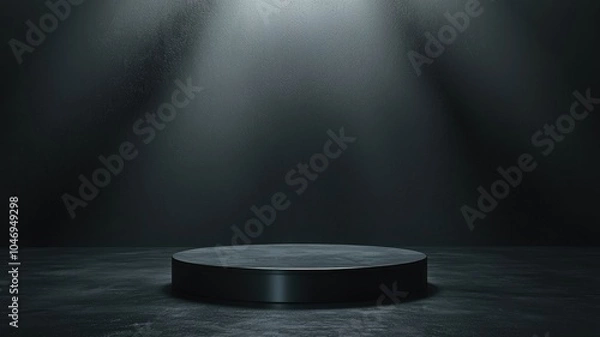 Fototapeta Black Circular Platform Illuminated by Spotlights on Dark Textured Background