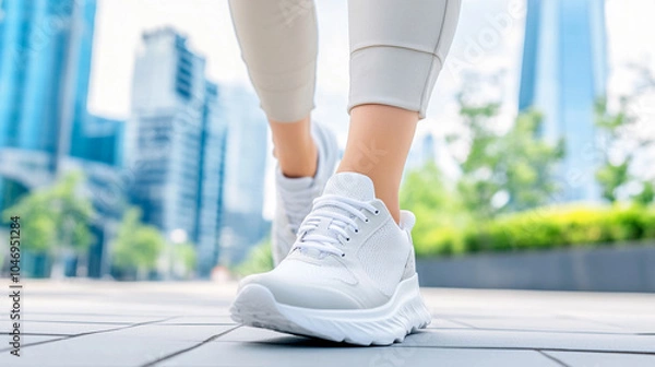Obraz Close up of a woman legs in trousers and sneakers walking forward in a modern city.