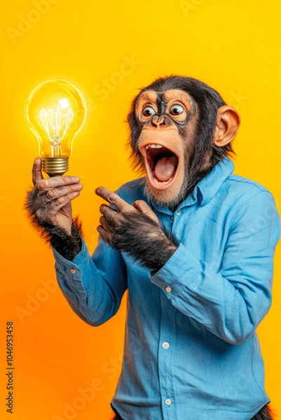 Fototapeta A chimpanzee in a blue shirt holds a glowing lightbulb, its expression of surprise and excitement highlighting the concept of ideas and inspiration.