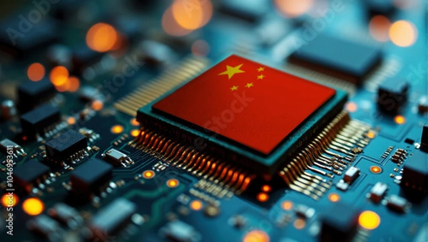 Fototapeta A China themed chip is embedded on a circuit board with illuminated pathways, highlighting innovation in electronics and cutting-edge hardware.