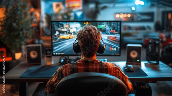 Obraz back view man playing car racing simulator at home gaming desk set up, steering wheel driving game having fun playing racing video game photography