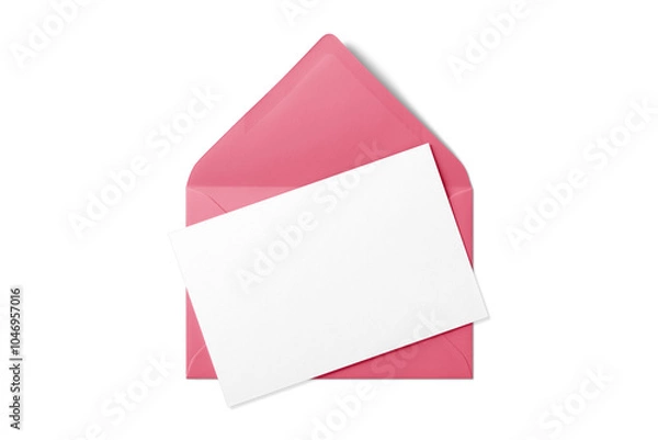 Fototapeta Opened pink envelope mockup with blank paper isolated on a transparent background, PNG. High resolution. 