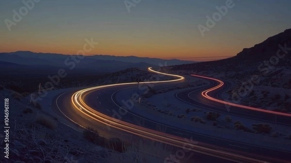Fototapeta As the sun sets on the horizon a line of cars can be seen following the winding curves of the desert highway their lights creating a beautiful contrast against the dusky sky.