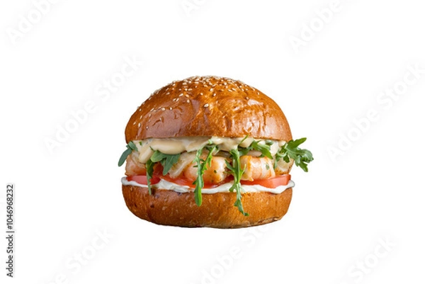 Obraz hamburger with shrimps isolated on white