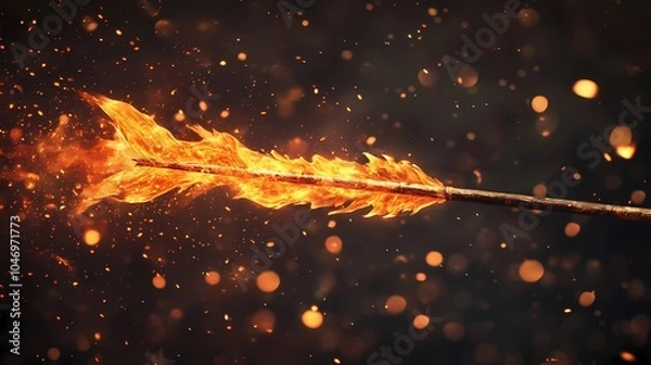 Fototapeta A dynamic illustration of a fiery arrow launched into the air, with vibrant flames and glowing embers against a shadowy backdrop, capturing the energy and movement of the scene