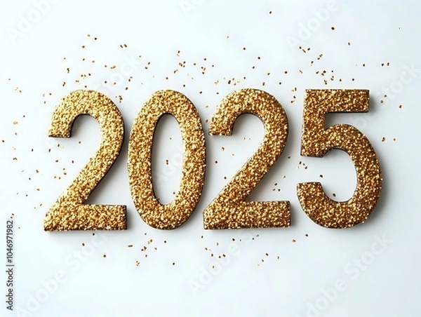 Fototapeta Gold glitter numbers 2025 with scattered confetti.
