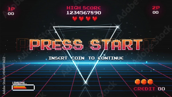 Fototapeta Set of arcade.pixel art .8 bit game.retro game. for game assets in vector illustrations.Retro Futurism Sci-Fi Background. glowing neon grid.and stars from vintage arcade comp