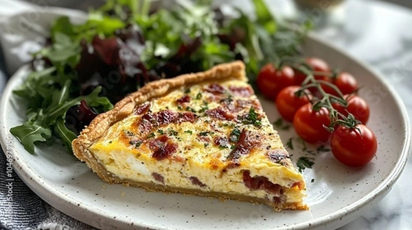 Fototapeta A Savory Quiche. A slice of quiche Lorraine, filled with eggs, cream, bacon, and cheese