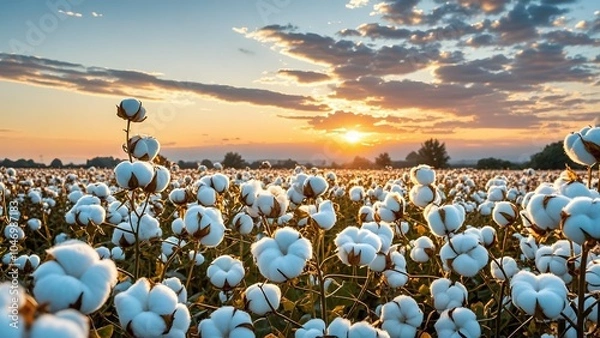 Fototapeta Cotton fields under the soft autumn light and sunset glow, harvest season