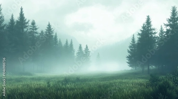 Fototapeta Tranquil misty forest with evergreen trees in lush green meadow