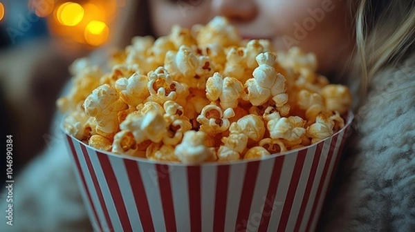 Fototapeta Popcorn in striped basket close-up. Girl watching movie in cinema