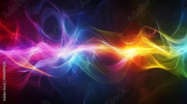 Fototapeta multicolored lines pulsing outward from the center, creating a wave of digital energy on a dark, smooth surface, with a sense of motion and intensity
