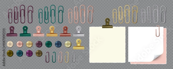 Fototapeta Collection of Paper clips, Banner Drawing Pins, and Paper holders, binders. Isolated Realistic Vector illustration