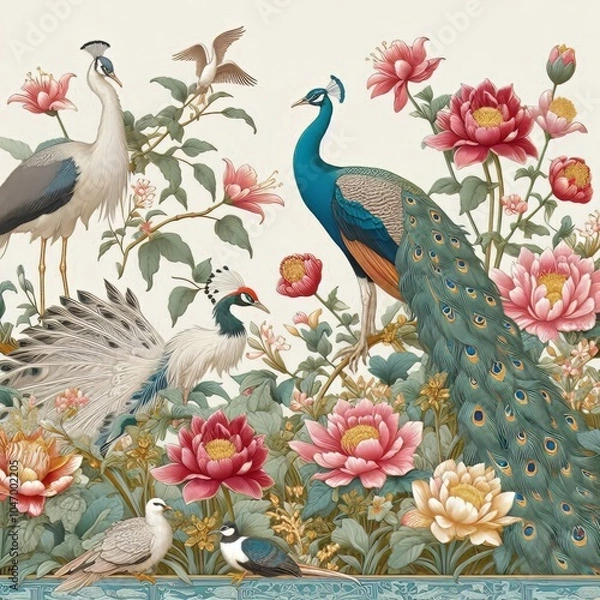 Obraz Border in chinoiserie style with herons, peacock and peonies. Vector