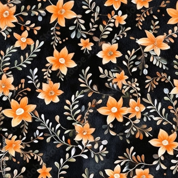 Fototapeta Seamless pattern with white and orange flowers on black background Seamless pattern with white and orange flowers on black background.


