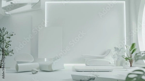 Obraz A futuristic minimalist showcase with a white canvas backdrop, Innovative furniture arrangement in a cutting-edge technology showroom, Futuristic minimalism style
