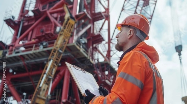 Fototapeta With a clipboard in hand the construction worker carefully checks the oil levels and overall condition of a towering crane.