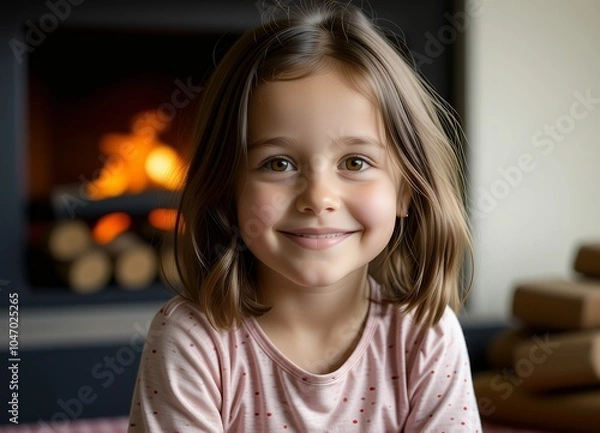 Fototapeta Happy Little Girl Smiling by Fireplace Winter Portrait