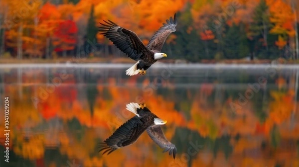 Fototapeta Bald Eagle Soaring Over Autumn Lake