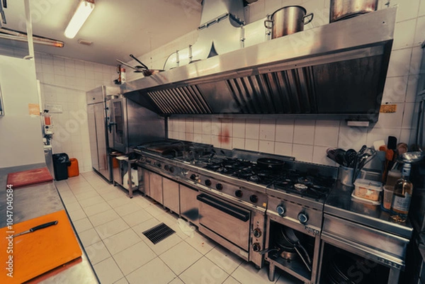 Fototapeta A disorganized restaurant kitchen with visible grime and untidy surfaces. The space appears neglected, with unclean counters and scattered utensils, creating an overall unkempt atmosphere.